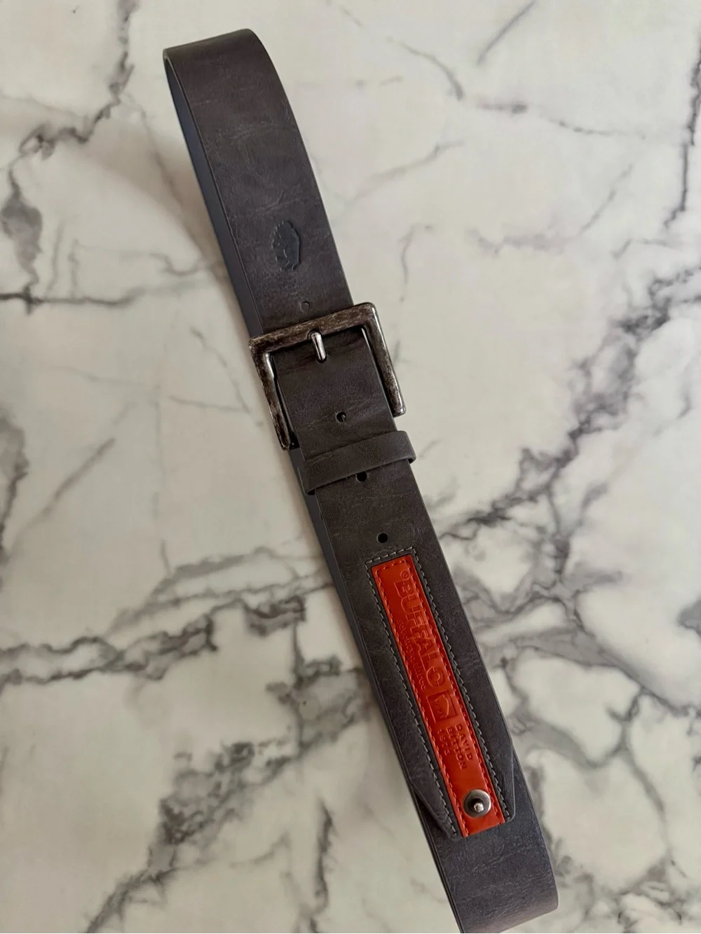 Men’s Buffalo David Bitton Gray Leather Belt w/ Orange “Seventy Three” Embossed